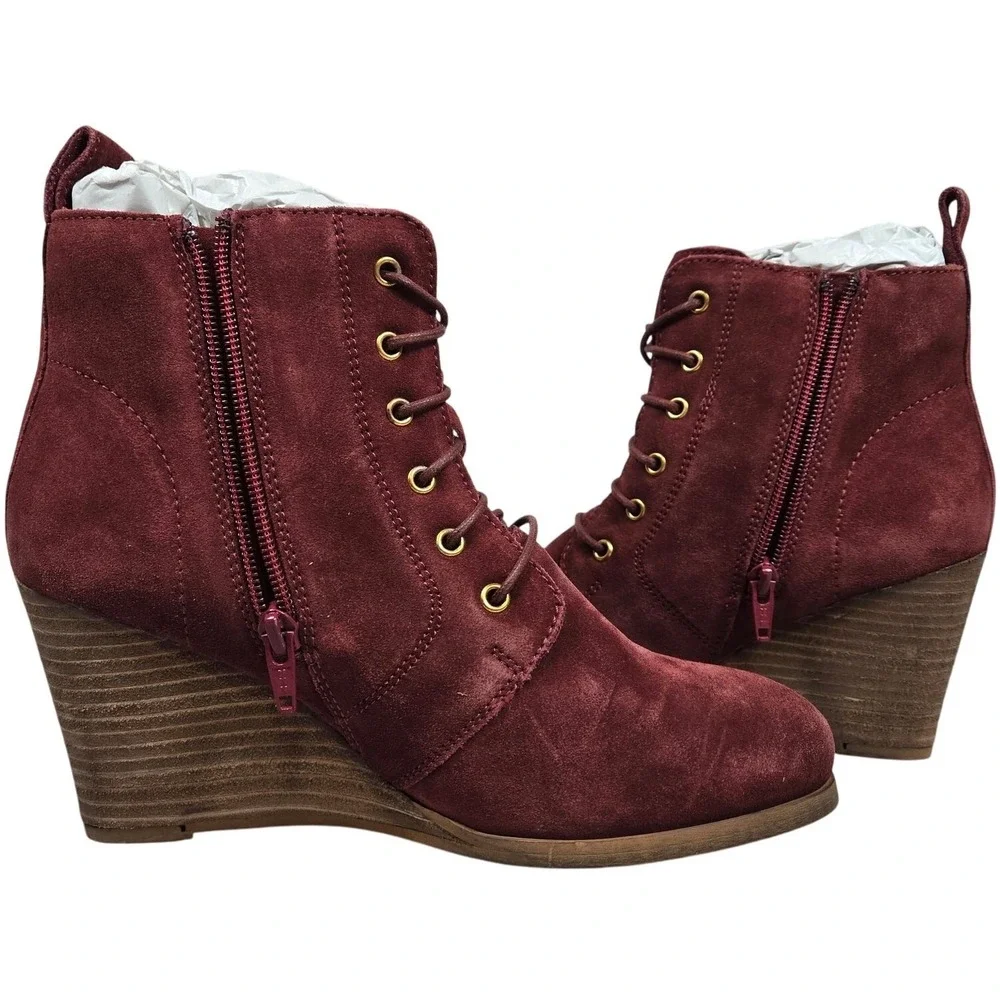 Diba Blake Suede Bootie Burgundy Lace Up Wedge Ankle Boots Women Size 8.5‎